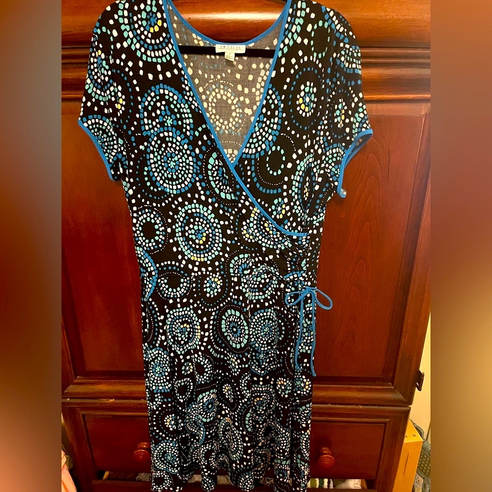Enfocus Studio Gray and Blue Patterned Dress